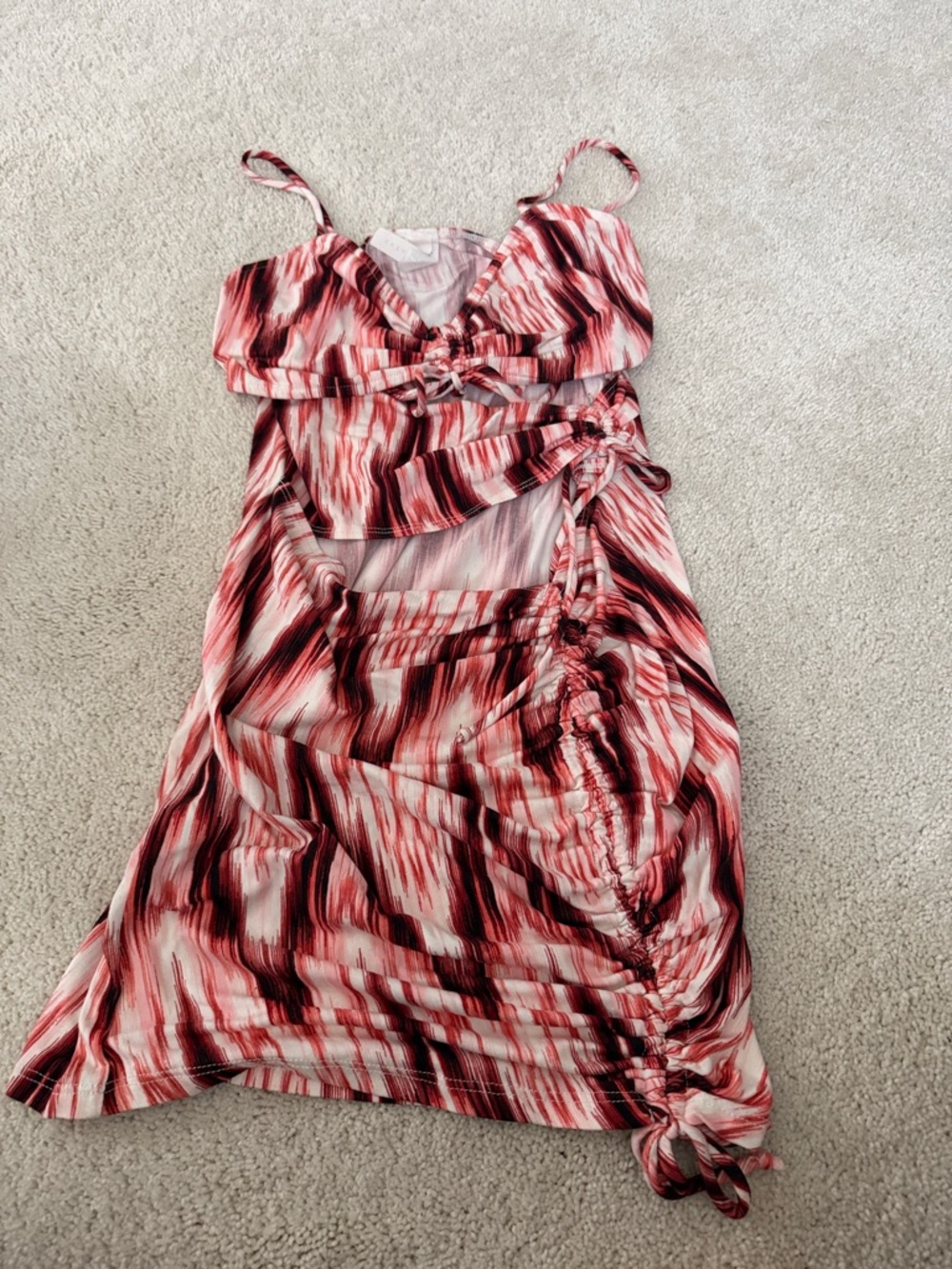 Red & Pink Abstract Ruched Cutout Dress